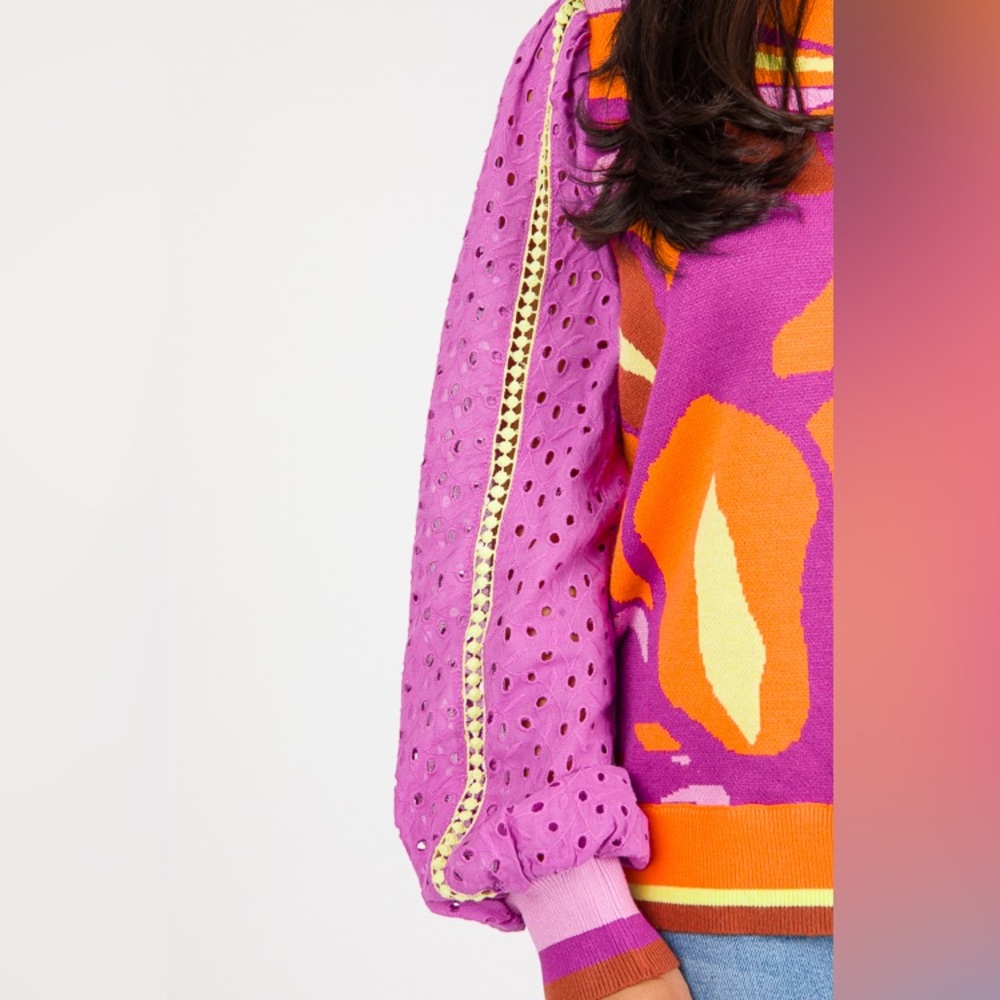 NWT Fate Barbiecore Lace Eyelet Sleeves Abstract Pink & Orange Sweater - Medium - Picture 3 of 16